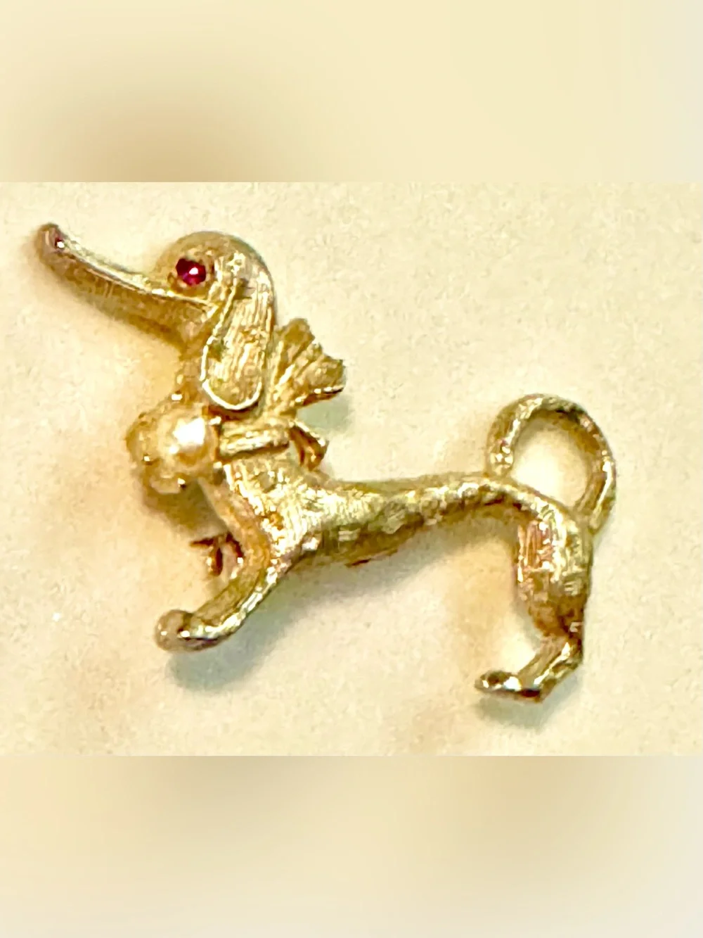 Vintage Gold Dachshund Dog Pin with Red Stone and Pearl